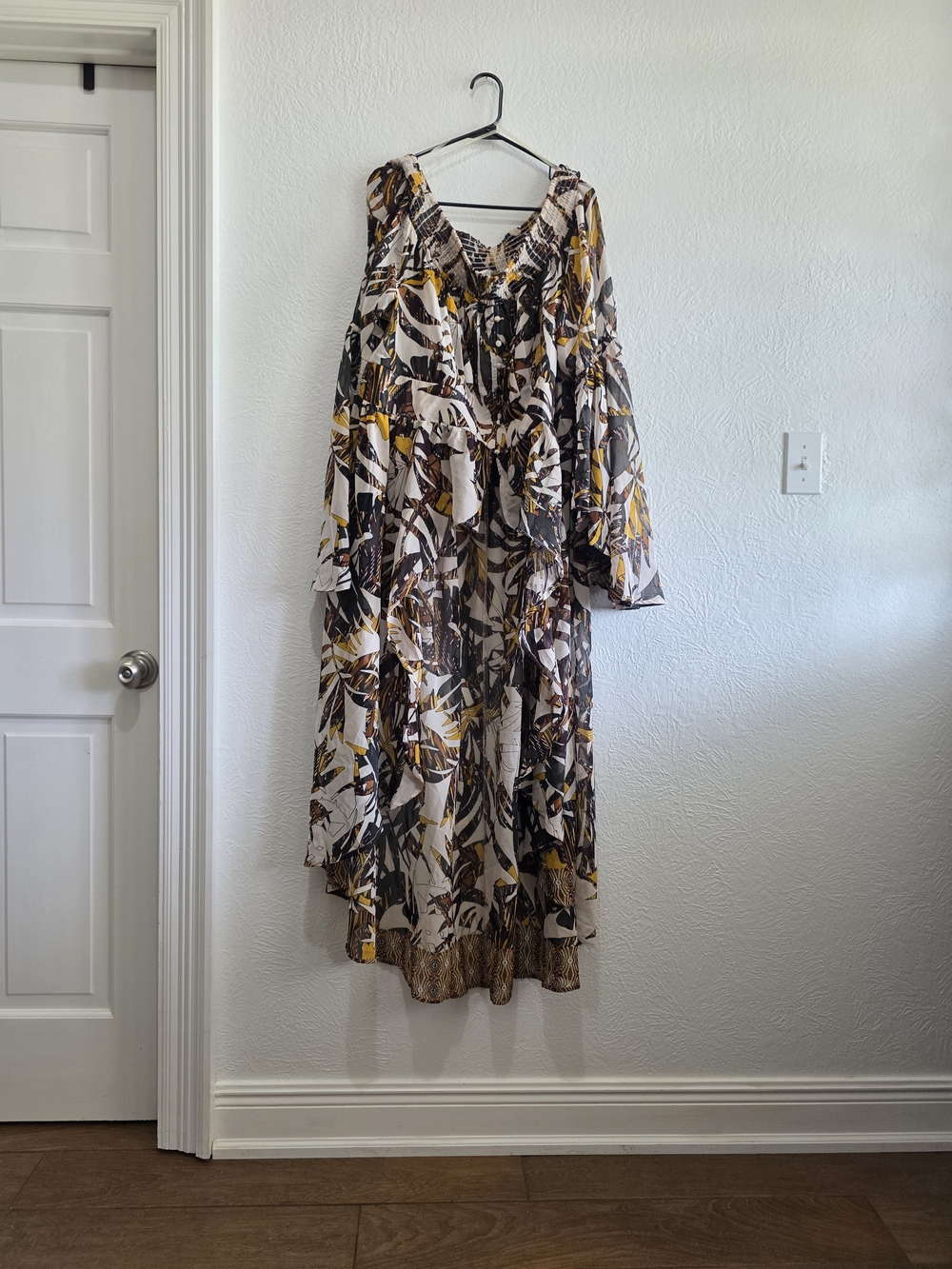 Joy & Ash Boho High-Low Tiered Maxi Dress in White, Brown & Mustard